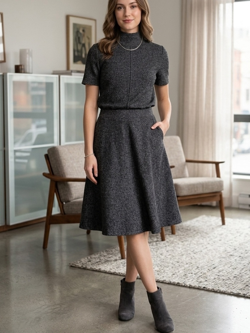 MATCHING SET SAKS FIFTH AVENUE Knit Mock Neck Top & Flare Skirt Sz XS